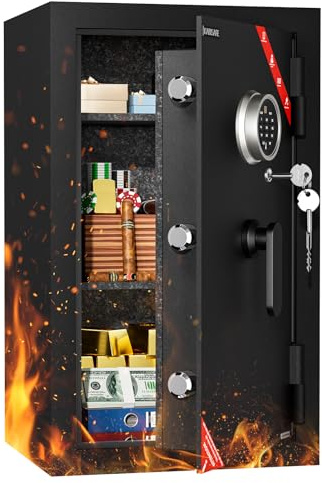 KABISAFE Coffre-fort ignifuge de 111,7 l en acier ondulé noir avec 2 étagères amovibles, empreintes digitales (20 utilisateurs), code numérique, clé de secours pour argent, bijoux, documents