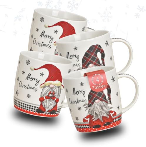 Schönes Weihnachtstassen 4er Set - 350 ml Kaffee-Tassen mit lustigen Wichtel Weihnachtsmotiven
