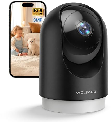 WOLFANG Überwachungskamera Innen 2K, WLAN Kamera Innen mit 360° PTZ, Auto-Tracking & Nachtsicht, Hundekamera mit 2-Wege-Audio, Kompatibel mit Alexa & Google Home