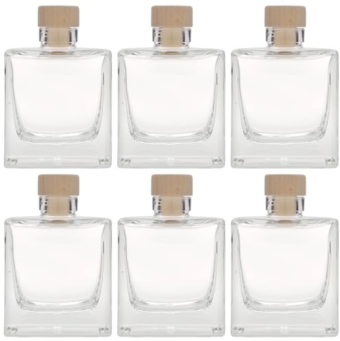 Flaschenland Set di 6 bottiglie di vetro da 200 ml, quadrate, in vetro trasparente, con manico in sughero in legno, ideali per liquori, oli, aceto, riempimento creativo