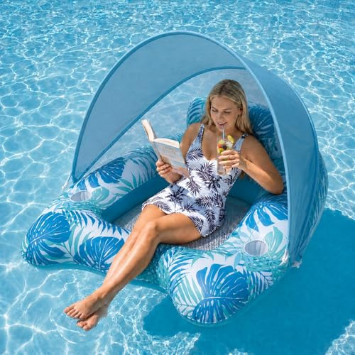 Simring vuxna, Shyllin simdäck vuxna med soltak, simö med nätfoder, luftmadrass pool, soffa uppblåsbar vattenhängmatta, dansande pool, strand, sjölounge (blå-grön