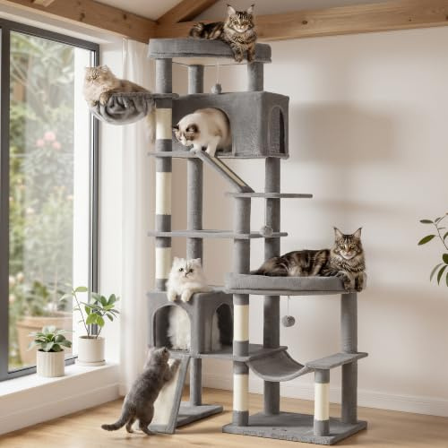 Feandrea Árbol para Gatos XXL, Torre con Postes de Sisal, Rascador con Base Doble, 105 x 45 x 202 cm, Gris Claro, para Gatos Grandes y Varios Felinos, Colección Clawfy PCT020G101