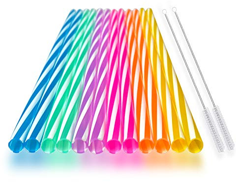 Reusable Silicone Drinking Straws, 12 Pcs Eco Friendly Silicone Straws with 2 cleaning Brushes,for 30oz and 20oz Tumblers, Rtic,Yeti, Ozark, (Two-tone Stripe, 10 inches)
