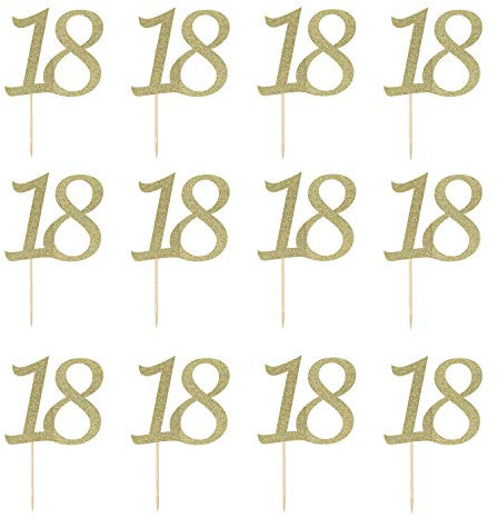 LissieLou Number 18 Cupcake Toppers Pack of 12 in Pretty Glitter Card, Made in the UK - Gold