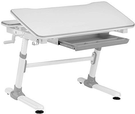 HOKO Kinderschreibtisch, Kinder Schreibtisch 98x70 cm, Kinderschreibtische Höhenverstellbar 58-80 cm für Kinder ab 6 Jahren, neigbare Tischplatte (0-25°) & Schublade (Weiß/Grau,JoJo)