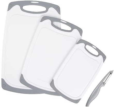 ASAB Plastic Chopping Board Set of 3 Kitchen Dishwasher BPA Free Safe Non Slip Cutting Board Hanging Hole Large Medium Small Easy Grip Handle Juice Groove Peeler Included for Meat Fruit Vegetable