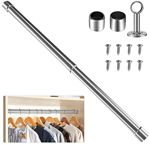 WAENLIR 87cm-160cm Extendable Stainless Steel Wardrobe Rail, Adjustable Clothes Rail Pole With End Sockets