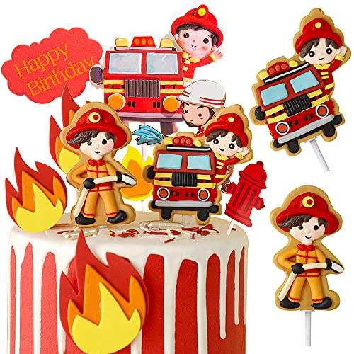 MEZHEN Brandmän tårtdekoration födelsedag tårtdekoration figur brandbil tårta topper grattis på födelsedagen tårtdekoration cupcake pojke flicka B