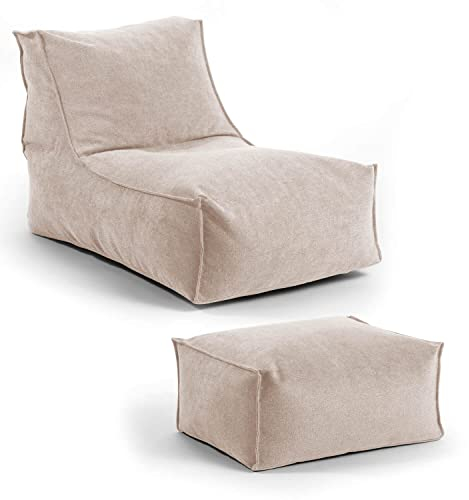 mokebo® Sitzsack mit Hocker für Kinder & Erwachsene 'Der Gelassene', Bean Bag mit EPS-Perlen Füllung, Relaxliege für drinnen, Sitzkissen, Bodenkissen, Bodensessel, Liege aus Stoff in beige
