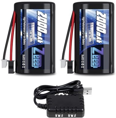 Zeee 2S Li-Ion Akku 2000mAh 7,4V Akku mit SM 2P Stecker Kompatibel mit MN D90/91, MN 99/99s RC Cars, H101 H103 H105 RC Boat RC Truck (2 Pack)