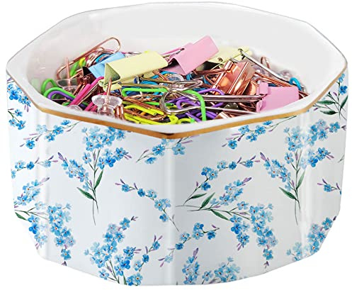 LEAZUL Ceramic Paper Clip Holder Gold Line Paper Clip Dispenser Organizer for Desk Cute Floral Pattern Office Binder Clip Holder Bobby Pin and Hair Clip Holder Gift for Office Blue Flowers