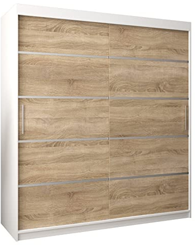 ABIKSMEBLE Armoire à Portes Coulissantes - Penderie Verona 1 - Meuble Porte Coulissante - Dimensions: Largeur 180cm, Hauteur 200cm, Profondeur 62 cm - Blanc Mat + Chêne Sonoma