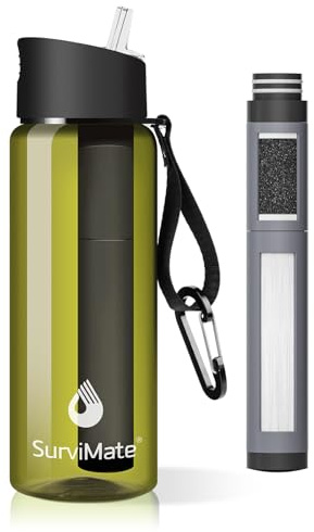 SurviMate Bouteille d'eau filtrée ultra-filtrante de 0,01 μm, portable avec filtration en 4 étapes pour la survie, le camping, la randonnée, la randonnée, les boissons, les urgences