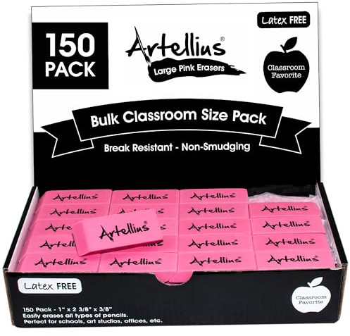 Artellius Teacher Supplies Erasers - Pink, Large 150-Count - Pencil Erasers for Kids & Classroom Use