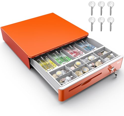 Tera 16-Zoll-Automatik-Kassenschublade mit Mikroschalter mit 5 Scheinfächern und 8 Münzfächern für POS-Systeme herausnehmbare Geldscheinfächer mit Schlüsselverriegelung orange 405R