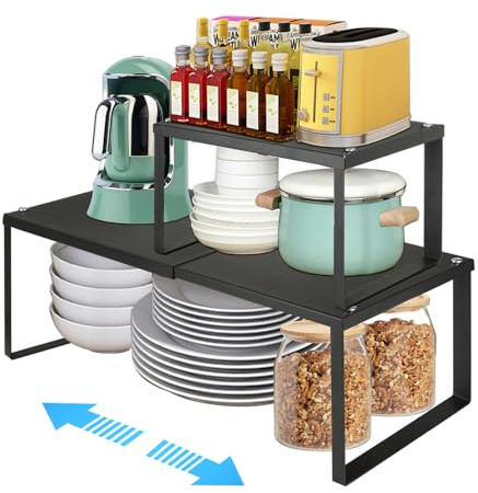 CYEER 2 ausziehbare Küchenregale, 2 Größen, stapelbarer Schrankregal-Organizer, verstellbare Regale für Schränke, geeignet für Zuhause und Küche (20 x 15 x 32 ~ 52 cm + 20 x 20 x 32 ~ 52 cm, schwarz)