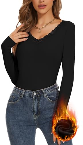 WOWENY T-Shirt Thermique à Manches Longues pour Femme - Pull Chaud d'Hiver - Col en V - Fonctionnel - Noir S