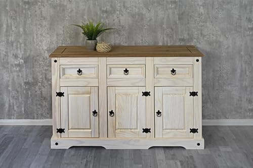 SAM Sideboard Cancun, Pinienholz massiv, weiß lasiert, Kommode mit 3 Türen & 3 Schubladen, Schwarze Metallgriffe, honigfarbene Deckplatte
