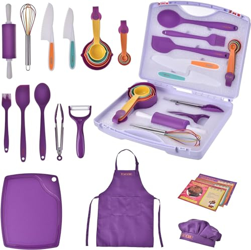 CREATIVECHEF Lot de 43 Mini Ustensiles de Cuisine Colorés pour Enfants + 6 Ans - Couteaux en Plastique Sûrs pour Vraie Cuisine - Passe au Lave-Vaisselle