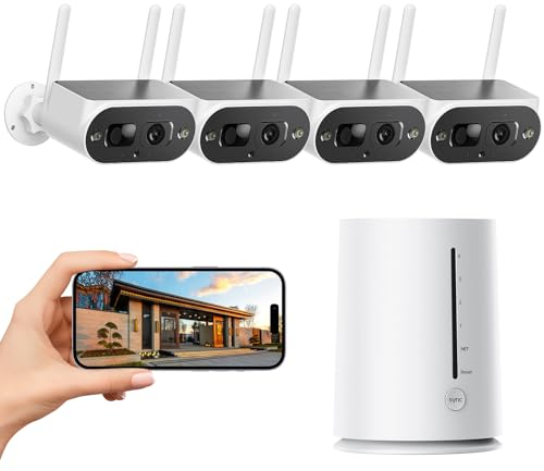 Camcamp 2.5K Caméra Surveillance Exterieure sans Fil Solaire, Système de Caméra de Sécurité sans Fil pour la Maison, Panneau Solaire Intégré, Vision Nocturne Couleur, Détection Humaine, Kit 4 Caméras