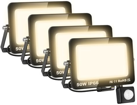 AUXTINGS 4 Pièces 50W Lampe de Sécurité Projecteur à LED Avec Détecteur de Mouvement PIR,5000 Lumens 4000K Blanc Chaud Lumières Exterieur,LED Extérieur étanche pour Jardin,Garage,Véranda,Patio,Cortile