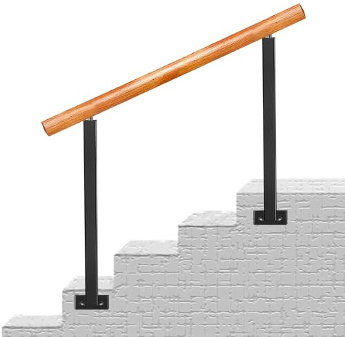 Side Mounted Wood Handrail Fit 1-4 Step Outdoor Stair Railing, with Adjustable 270° Brackets Front Porch Railings Kit Wrought Iron Post Hand Rail for Concrete Stairs(Height 85cm,140cm/55inch)