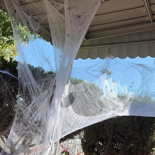 Cosmpeak Halloween Deko Spinnennetz 100g Weiss Spinnweben Dekoration Halloween Spinne Aussendeko Spinnennetz mit 30 Kunststoffspinnen Spinnennetz Deko Wand für Garten,Decke,Fenster,Halloweenparty