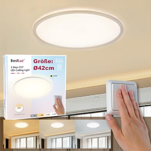 BestLuz LED Deckenleuchte Dreistufige Ø42 CM 3000K/4000K/6500K 24W 2800LM IP44 LED Deckenlampe 3000K-6500K mit Backlight-Effekt Panel für Wohnzimmer Schlafzimmer Küche Badezimmer, Ultra Dünn