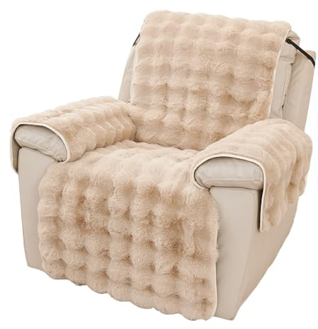 NUODWELL Recliner Chair Cover, Super Soft Faux Fur Armchair Slipcover | Thick Rabbit Plush, Non Slip Washable Furniture Protector Cover with Tightening Straps for Kids and Pets (Camel)