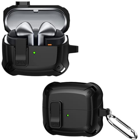 carinacoco Silicone Case for Samsung Galaxy Buds 3/Buds 3 Pro with Carabiner, Soft Silicone & Hard PC, Slim-Fit Shockproof Anti-Fall Armor Hard Shell Earphone Case with Secure Lock, Black