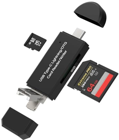 SD auf Kartenleser für Lightning Micro USB USB C USB-A (4in1) Adapter Micro SD TF Reader Card Speicher für iPhone 16 15 für iPad OTG Daten Kamera für Apple PC Laptop Android Handy