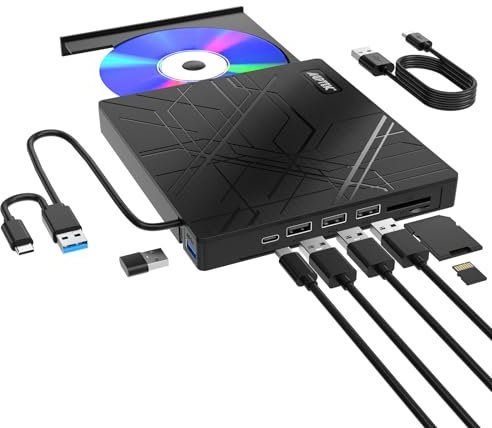 AGPTEK Unità CD/DVD esterna per laptop, lettore/scrittore CD/DVD per laptop, masterizzatore DVD sottile USB 3.0 con adattatore porte USB e slot per schede TF/SD, PC, MacBook, Windows, Linux, Mac OS