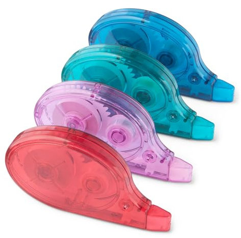 Amazon Basics Ruban correcteur, Lot de 4, Rouleau, Stylo, Style Souris, Séchage Instantané, 12m de Long, Vert, Violet, Rouge, Bleu
