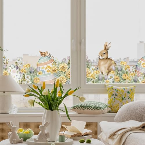Alwayspon Dubbelsidiga återanvändbara klistermärken för påskfönster, kanin och blomma vattenfärg fönsterdekaler för barn hembutik dekor och vårdekoration
