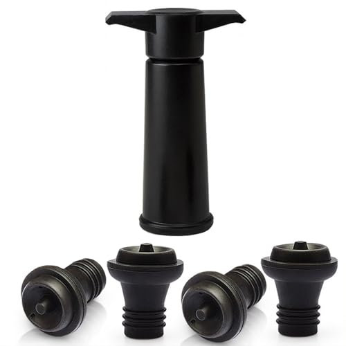 FUZVOL 4 PCS Wine Bottle Stopper with Wine Saver Vacuum Pump,Silicone Vacuum Champagne Wine Stoppers,Reusable Keeps Wine Fresh Saver Seal Stopper(Black)