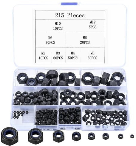 Sechskantmuttern Set, 215 Stk Selbstsichernde Muttern Sortiment Set, Sicherungsmuttern, Schraubenmuttern, Kohlenstoffstahl Sechskant Mutter, Gewindeeinsätze - M2 M3 M4 M5 M6 M8 M10 M12 (Schwarz)