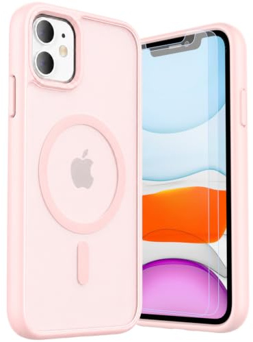 LUNOVATE Hülle für iPhone 11/XR, [Anti-Gelb] Magnetische Klare Hülle mit 2 Schutzfolie, Kratzfester Durchsichtig PC Rücken, Bunte Transparent Stoßfest für iPhone 11 und iPhone XR 6.1 Zoll - Rosa Matt