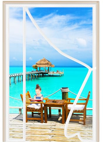 Side Opening Magnetic Fly Screen Doors 70x200cm White Magnetic Fly Insect Screen Keep Mosquito Out Mesh Curtain Top to Bottom Seal Automatically Without Drilling for Doors Window