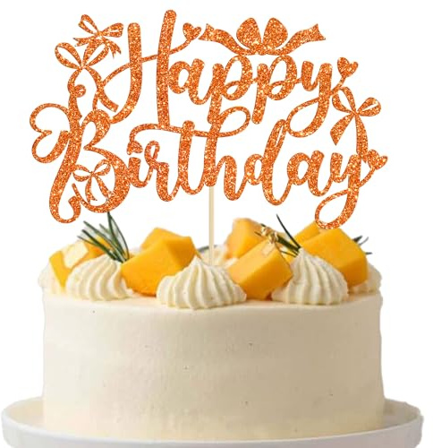 Gyufise 1Pcs Bow Happy Birthday Cake Topper Glitter Coquette Cake Pick Decorations for Girls Women Birthday Theme Baby Shower Party Supplies Orange