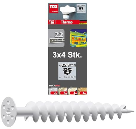 TOX Dämmstoffdübel Thermo 50 mm, Dübel für Dämmstoff ohne Vorbohren oder Spezialwerkzeug, verhindert Wärmebrücken, für EPS 20, XPS 20, PUR und Holzfaserplatten, 3x 4 Stück im Blister