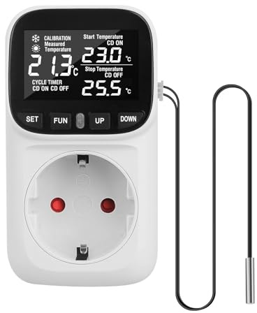 Digital Temperaturregler Steckdose 230V mit Fühler Temperaturregler Digital Thermostat Steckdose Temperaturwächter mit Heiz- und Kühlmodus für Gewächshaus, Kühlschrank, Terrarium