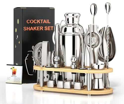 EffiQ-Rate 25 Stück Cocktail Shaker Set, 700ml Edelstahl Barkeeper Set mit Boston Cocktail Shaker und Bar Zubehör, Mixology Bartender Kit mit Holzständer zum Mischen von Getränken, Schenken