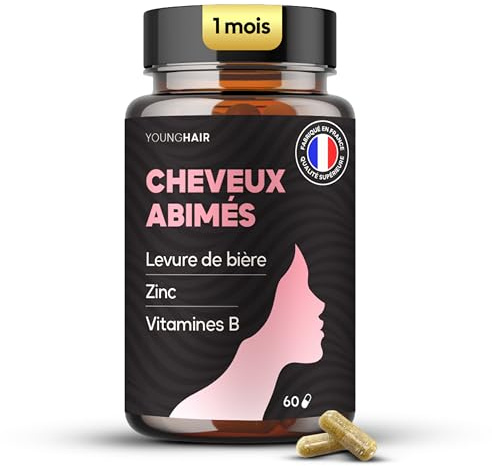 Cure Cheveux Abîmés – Levure de bière, Zinc, Vitamines B1, B3, B5, B6, B8, B9, B12 – Complément Alimentaire - 1 mois – 60 gélules – Fabriqué en France – Young Hair