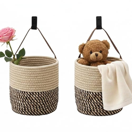 2 stycken hängkorg, med handtag väggkorgar att hänga upp, bomullsvävd förvaringskorg, väggkorg, flätad ytterkruka, för badrum, vardagsrum, arrangör för rum, (svart/brun)