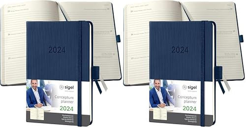 SIGEL C2463 Terminplaner Wochenkalender 2024, ca. A6, dunkelblau, Hardcover, 176 Seiten, Gummiband, Stiftschlaufe, Archivtasche, PEFC-zertifiziert, Conceptum (Packung mit 2)