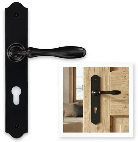 ERGO line CHALET Schwarz – Türbeschlag im Landhausstil, rustikale Profilzylinder-Garnitur PZ 72 mm, Retro Langschild-Drückergarnitur, Türklinke Schwarz, klassischer Türdrücker, Türgriffe