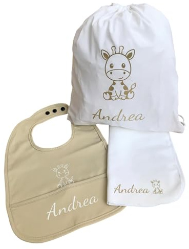 Lulibù Set Asilo Personalizzato con Nome e Animaletto - Kit Bavaglino Personalizzato, Asciugamano Neonato e Sacca con Nome Bambina o Bambino - Set Asilo Nido Bimbo e Bimba (Crema)