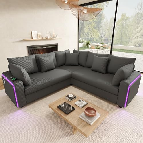 BTM Corduroy L Form Ecksofa mit LED, Kissen & USB‑Ladeanschluss, Modernes Wohnzimmer 5 Sitzer Sofa Couch Grau