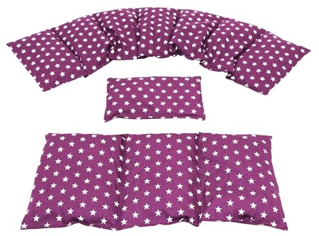 3 er Set mit DINKEL Dinkelkissen 1200 gr. STERNE, PUNKTE, UNI u.s.w. Langes 80 x 18 cm 8 Kammer + 3 Kammer + kleines Körnerkissen Wärmekissen Nackenkissen Mikrowelle (Lila, Sterne)