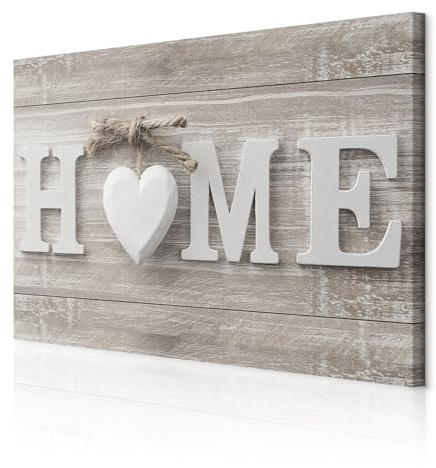 decomonkey Wandbilder Home Haus 60x40 cm XXL 1 Teilig Leinwandbilder Herz | Strukturleinwand, Holzkeilrahmen, Bild auf Leinwand, Kunstdruck, Wanddeko, Wohnzimmer, Wanddekoration, weiß, Holz, Vintage